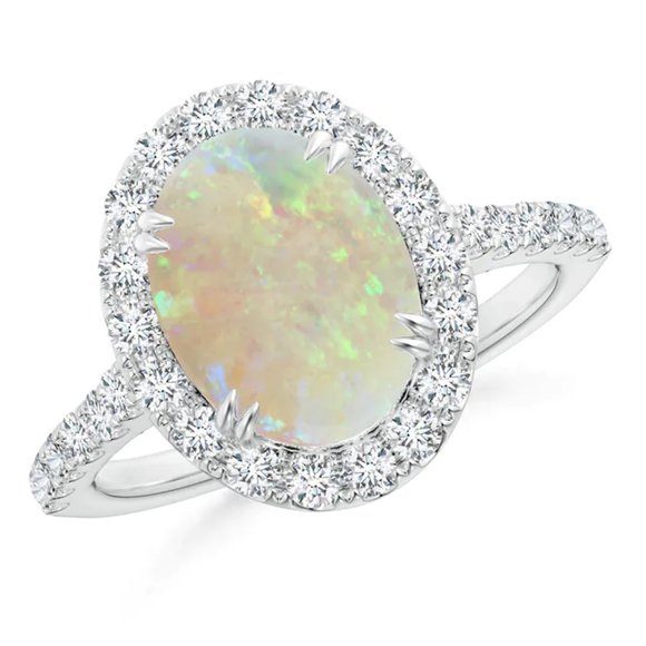 Double Claw-Set Oval Opal Halo Ring with Diamonds - Picture 5 of 11